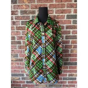 womens vintage plaid polyester button up shirt - Sherri Classics - 70s - size M